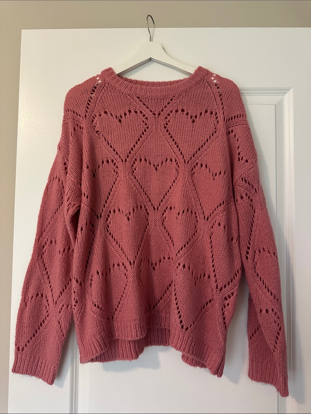 Amazon Rose Pink Heart Pointelle Crew Neck Sweater